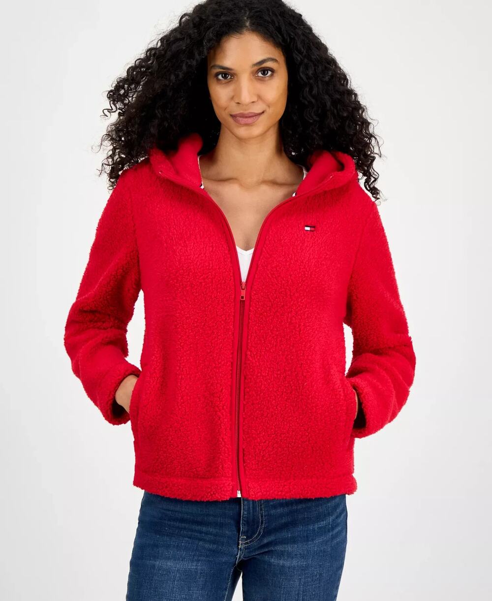 Tommy Hilfiger Jacket Womens XL Red Super Sherpa Full Zip Hooded Casual Wear NWT